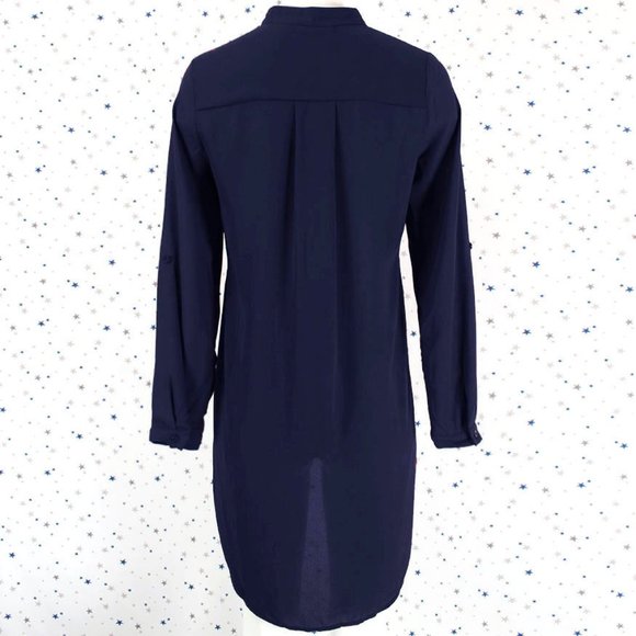 Woven Chiffon Button Up Hi Lo Blouse Shirt Navy - Picture 7 of 8